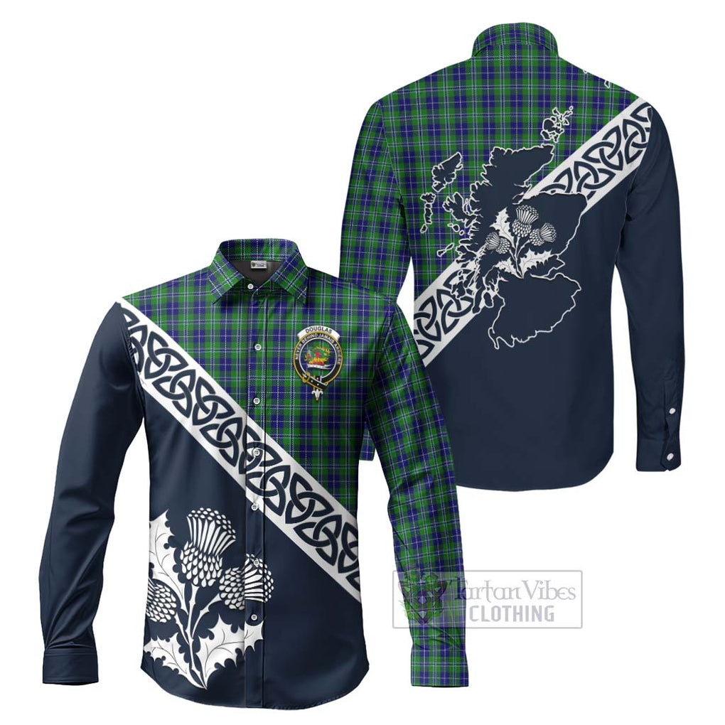 Tartan Vibes Clothing Douglas Tartan Long Sleeve Button Shirt Featuring Thistle and Scotland Map