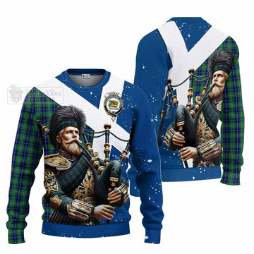 Douglas Tartan Knitted Sweater with Family Crest Scottish Bagpiper Vibes