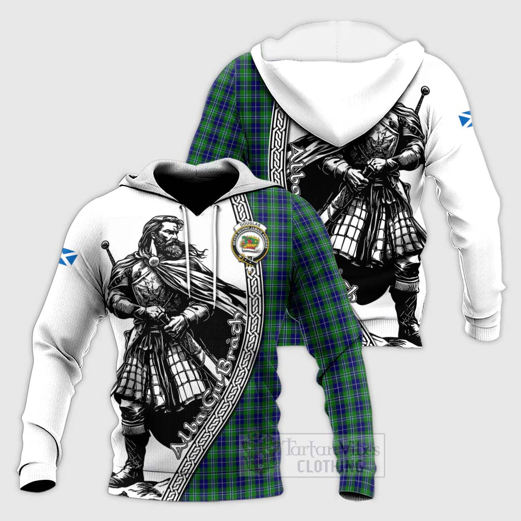 Tartan Vibes Clothing Douglas Tartan Clan Crest Knitted Hoodie with Highlander Warrior Celtic Style