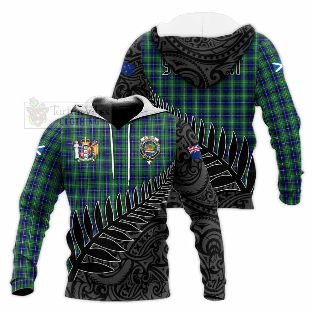 Tartan Vibes Clothing Douglas Crest Tartan Knitted Hoodie with New Zealand Silver Fern Half Style