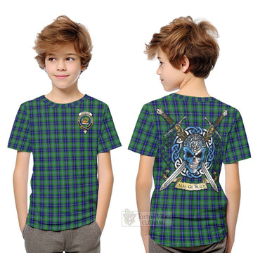 Douglas Tartan Kid T-Shirt with Family Crest Celtic Skull Style