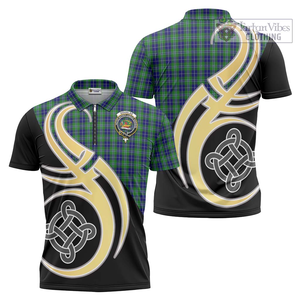 Tartan Vibes Clothing Douglas Tartan Zipper Polo Shirt with Family Crest and Celtic Symbol Style