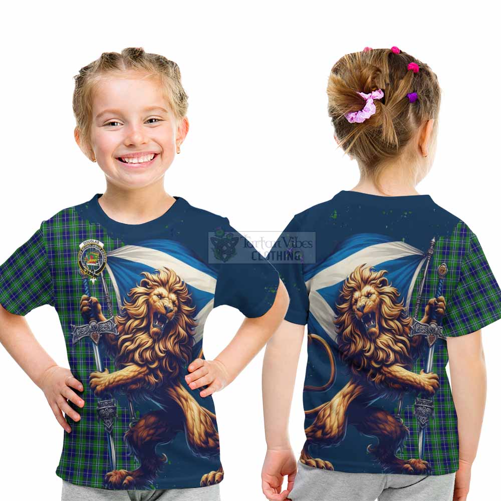 Tartan Vibes Clothing Douglas Tartan Family Crest Kid T-Shirt with Scottish Majestic Lion