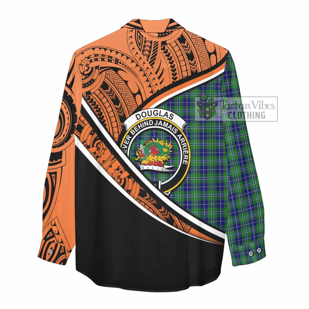 Tartan Vibes Clothing Douglas Crest Tartan Women's Casual Shirt with Maori Tattoo Style - Orange Version