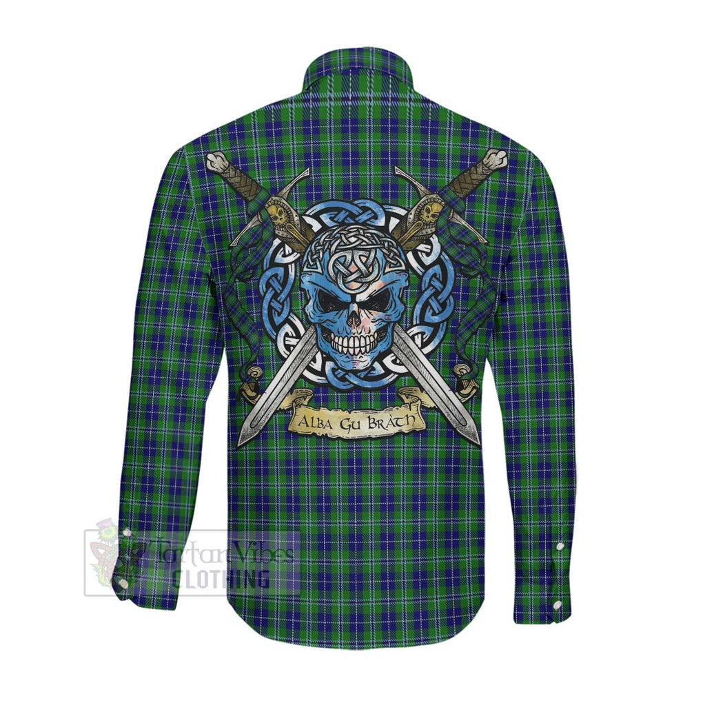 Tartan Vibes Clothing Douglas Tartan Long Sleeve Button Shirt with Family Crest Celtic Skull Style