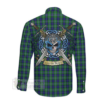 Douglas Tartan Long Sleeve Button Shirt with Family Crest Celtic Skull Style