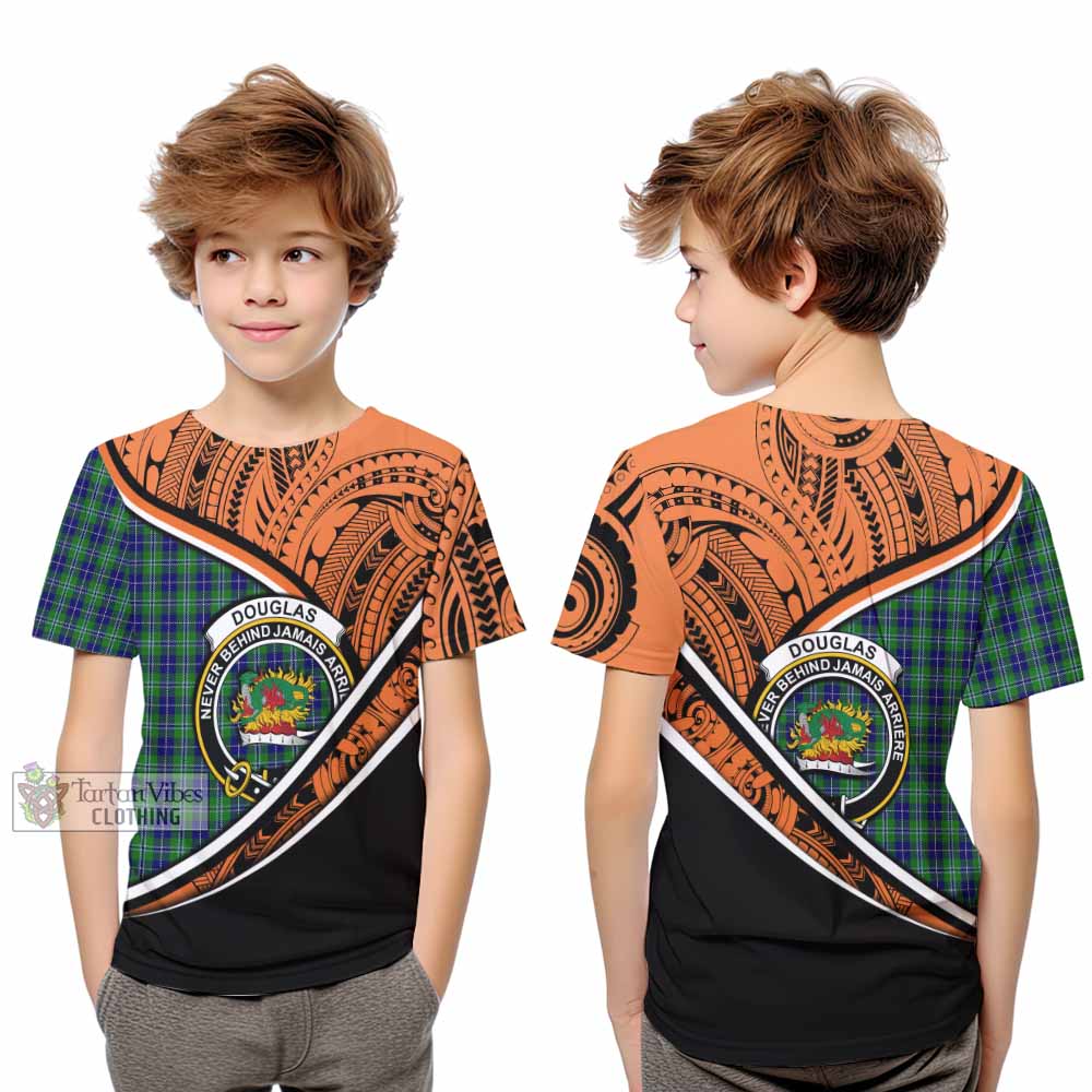 Tartan Vibes Clothing Douglas Crest Tartan Kid T-Shirt with Maori Tattoo Style - Orange Version