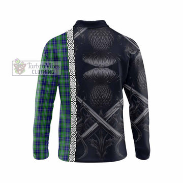 Douglas Tartan Long Sleeve Polo Shirt with Family Crest Cross Sword Thistle Celtic Vibes