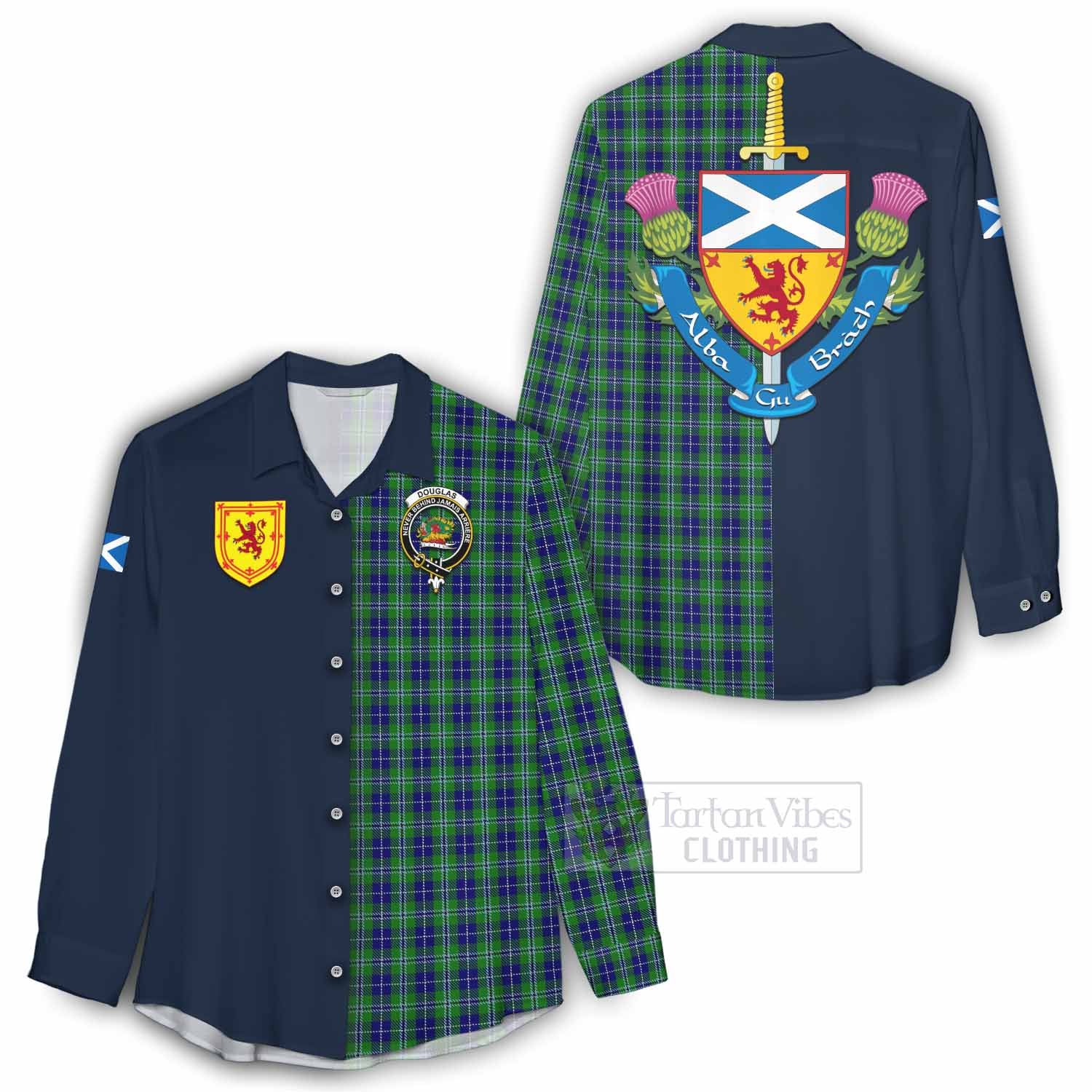 Tartan Vibes Clothing Douglas Tartan Women's Casual Shirt Alba with Scottish Lion Royal Arm Half Style