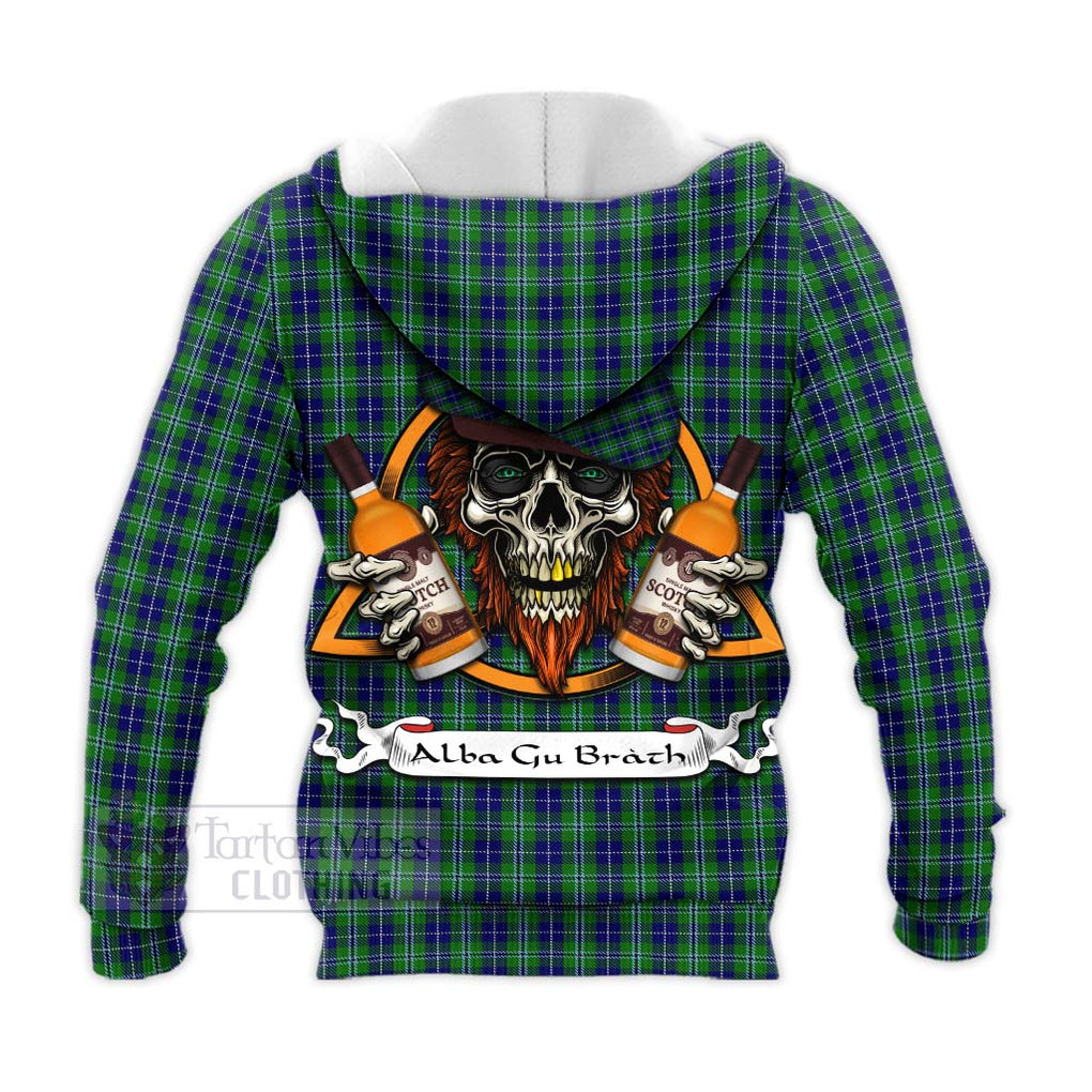 Tartan Vibes Clothing Douglas Tartan Knitted Hoodie with Family Crest and Bearded Skull Holding Bottles of Whiskey