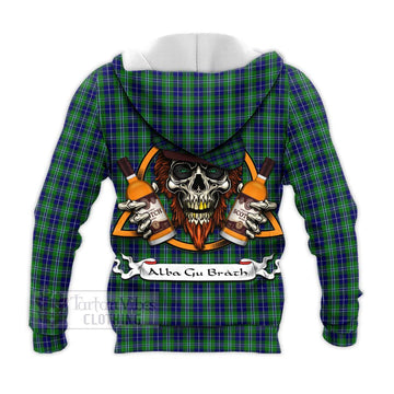 Douglas Tartan Knitted Hoodie with Family Crest and Bearded Skull Holding Bottles of Whiskey