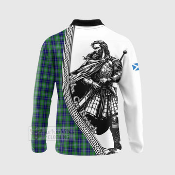 Douglas Tartan Clan Crest Long Sleeve Polo Shirt with Highlander Warrior Celtic Style