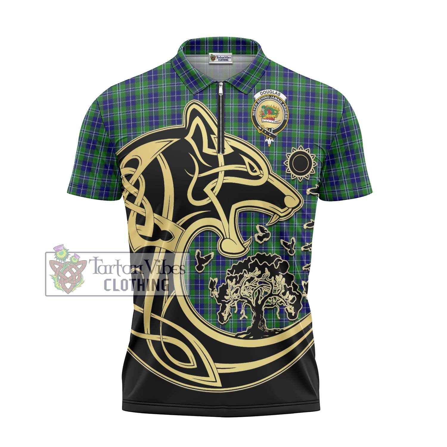 Douglas Tartan Zipper Polo Shirt with Family Crest Celtic Wolf Style - Tartanvibesclothing Shop