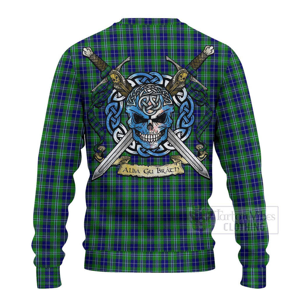 Tartan Vibes Clothing Douglas Tartan Knitted Sweater with Family Crest Celtic Skull Style