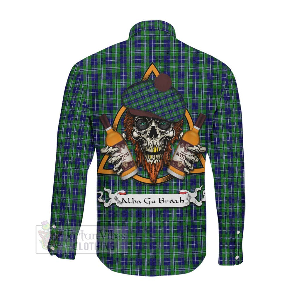 Tartan Vibes Clothing Douglas Tartan Long Sleeve Button Shirt with Family Crest and Bearded Skull Holding Bottles of Whiskey