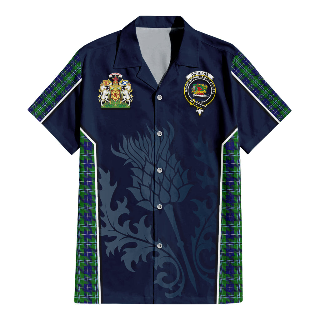 Tartan Vibes Clothing Douglas Tartan Short Sleeve Button Up Shirt with Family Crest and Scottish Thistle Vibes Sport Style