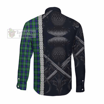 Douglas Tartan Long Sleeve Button Shirt with Family Crest Cross Sword Thistle Celtic Vibes