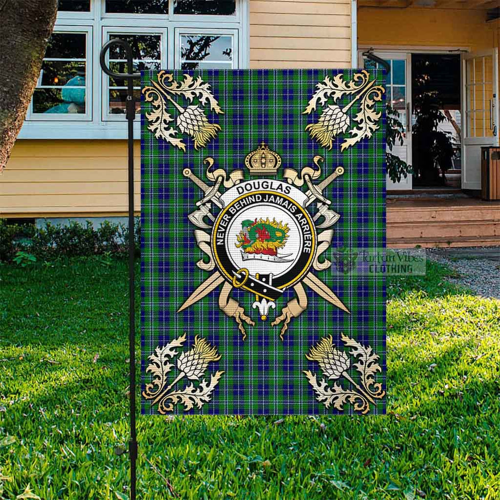 Tartan Vibes Clothing Douglas Tartan Flag with Family Crest and Golden Thistle Crossed Sword Design