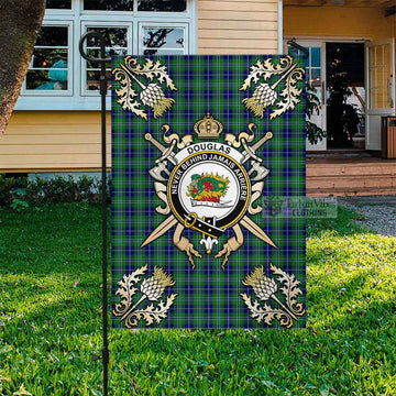 Douglas Tartan Flag with Family Crest and Golden Thistle Crossed Sword Design