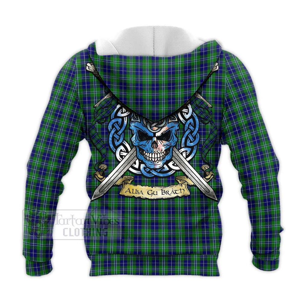 Tartan Vibes Clothing Douglas Tartan Knitted Hoodie with Family Crest Celtic Skull Style