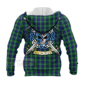 Douglas Tartan Knitted Hoodie with Family Crest Celtic Skull Style