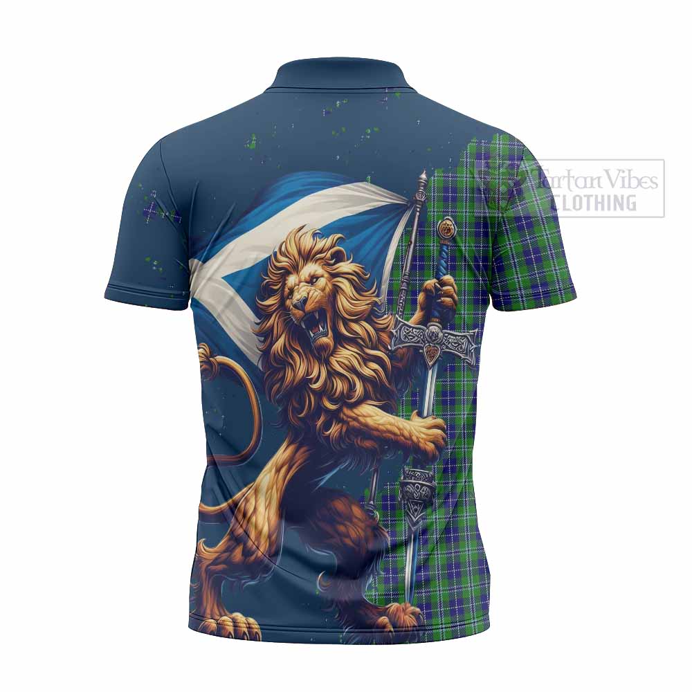 Tartan Vibes Clothing Douglas Tartan Family Crest Zipper Polo Shirt with Scottish Majestic Lion