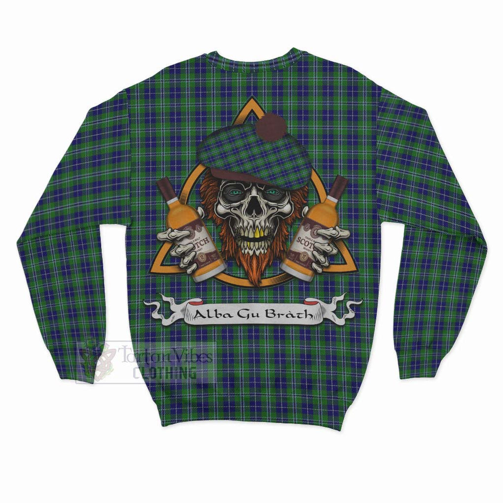 Tartan Vibes Clothing Douglas Tartan Sweatshirt with Family Crest and Bearded Skull Holding Bottles of Whiskey