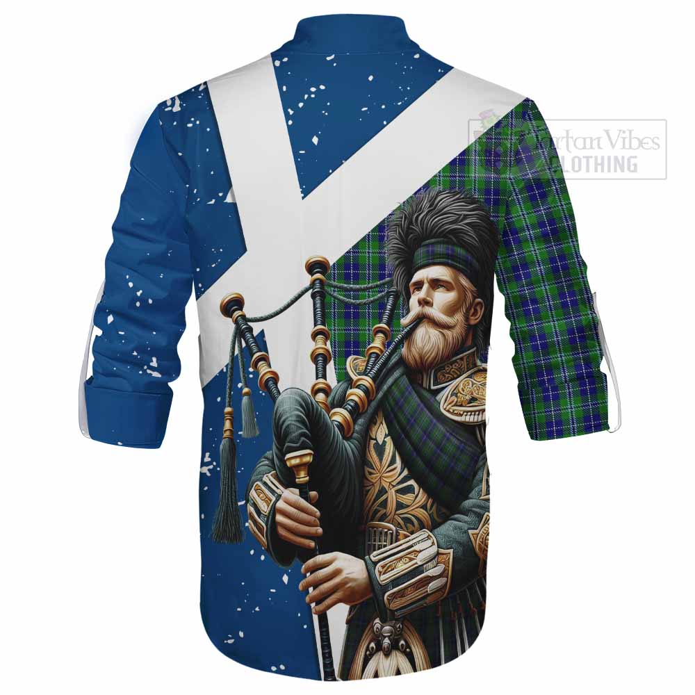 Tartan Vibes Clothing Douglas Tartan Ghillie Kilt Shirt with Family Crest Scottish Bagpiper Vibes