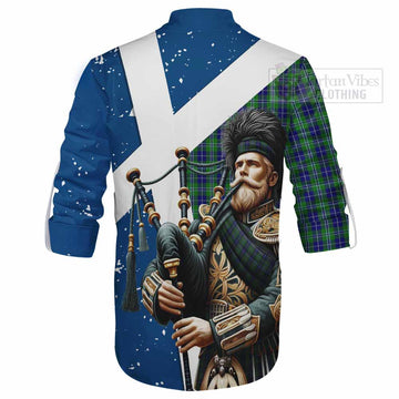 Douglas Tartan Ghillie Kilt Shirt with Family Crest Scottish Bagpiper Vibes