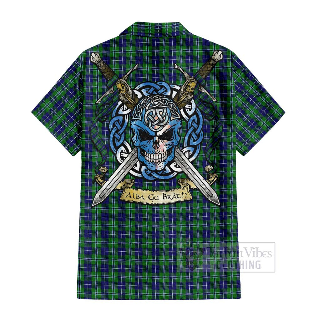 Tartan Vibes Clothing Douglas Tartan Short Sleeve Button Shirt with Family Crest Celtic Skull Style