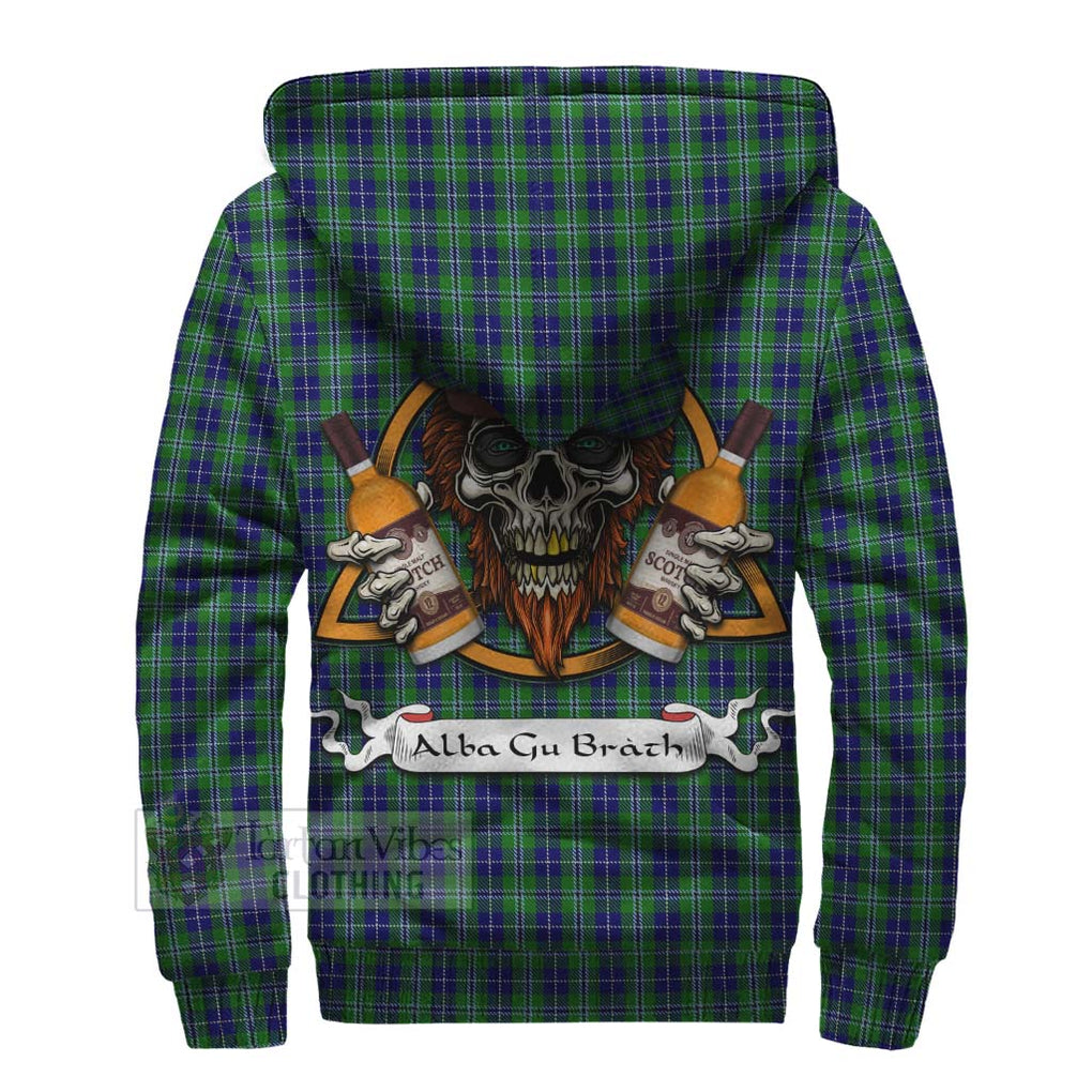 Tartan Vibes Clothing Douglas Tartan Sherpa Hoodie with Family Crest and Bearded Skull Holding Bottles of Whiskey