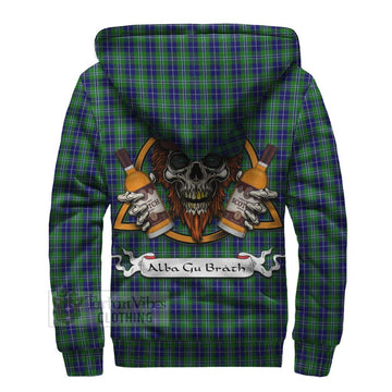 Douglas Tartan Sherpa Hoodie with Family Crest and Bearded Skull Holding Bottles of Whiskey