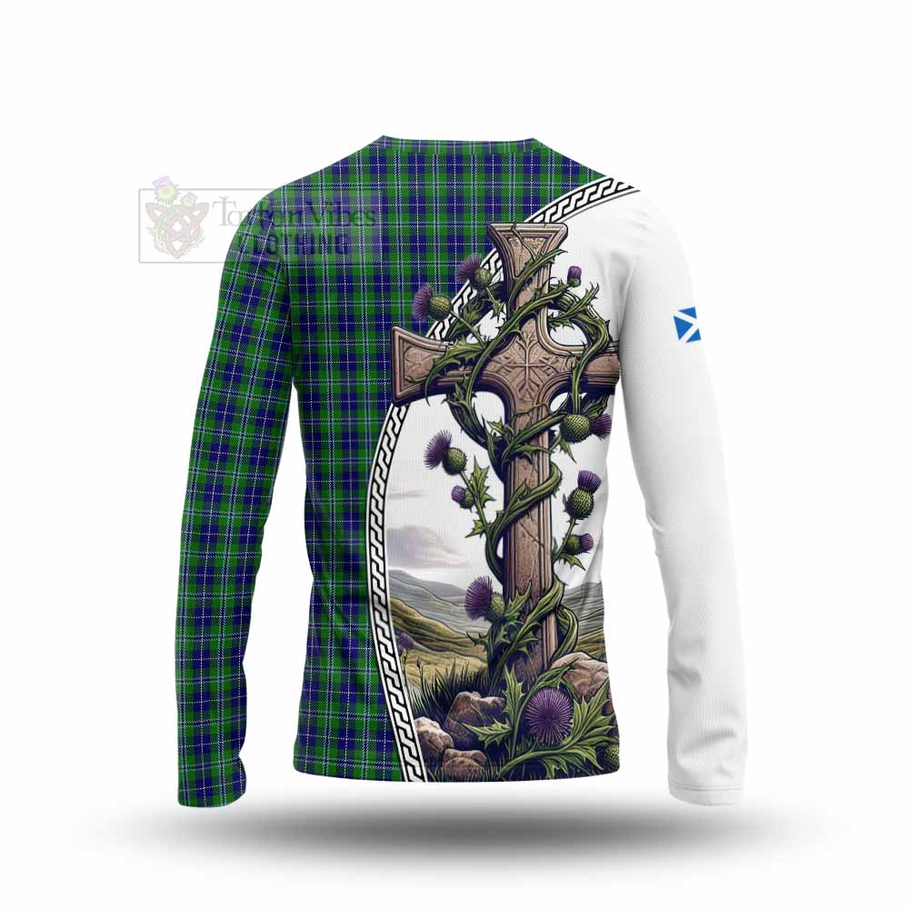 Tartan Vibes Clothing Douglas Tartan Long Sleeve T-Shirt with Family Crest and St. Andrew's Cross Accented by Thistle Vines