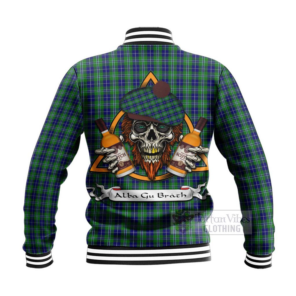 Tartan Vibes Clothing Douglas Tartan Baseball Jacket with Family Crest and Bearded Skull Holding Bottles of Whiskey