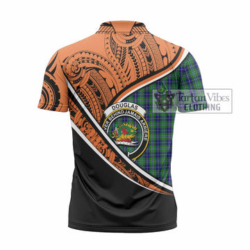 Douglas Crest Tartan Zipper Polo Shirt with Polynesian Vibes Style - Orange Version