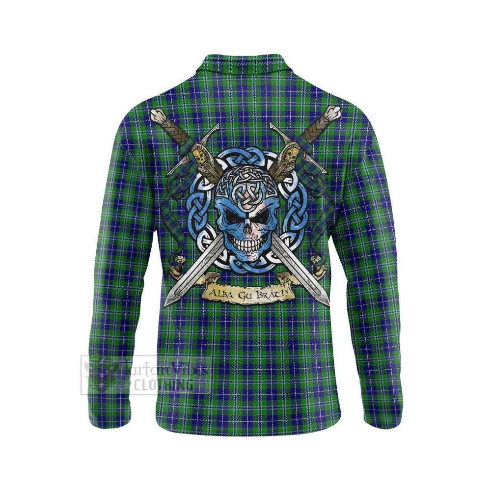 Tartan Vibes Clothing Douglas Tartan Long Sleeve Polo Shirt with Family Crest Celtic Skull Style