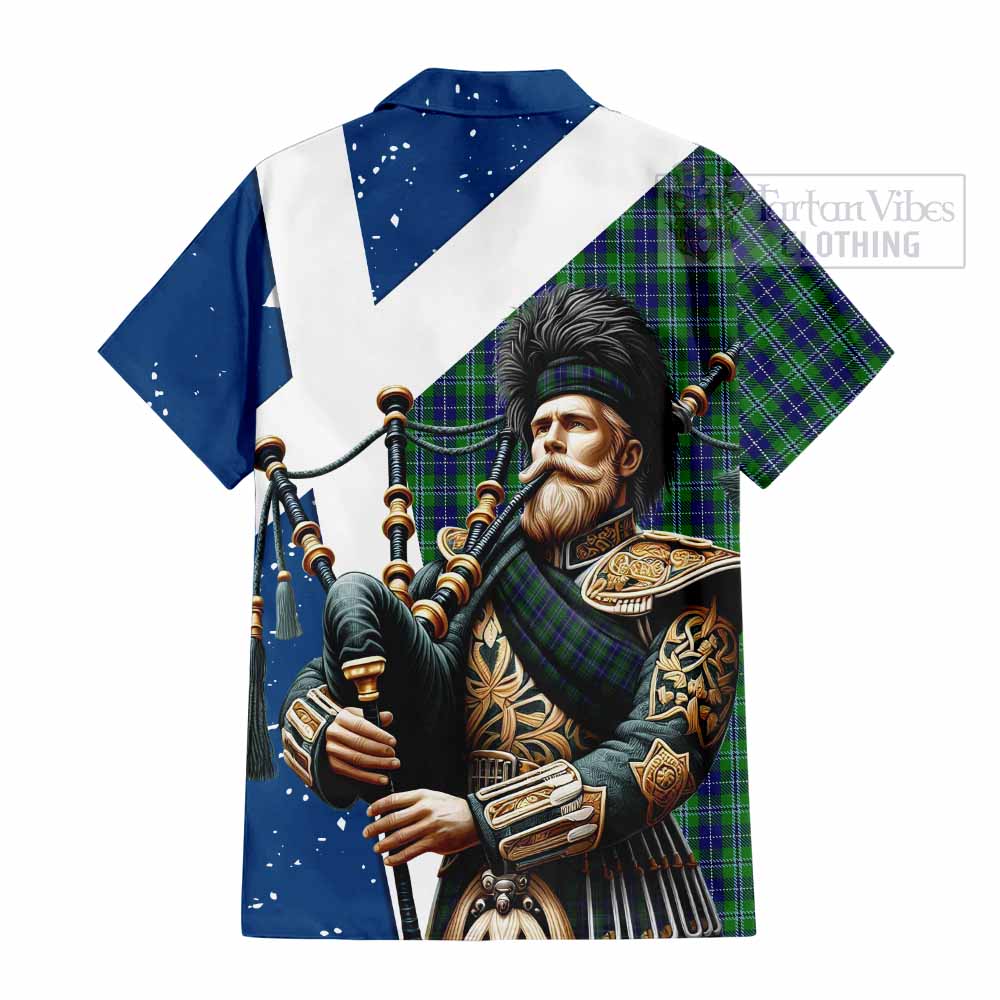 Tartan Vibes Clothing Douglas Tartan Short Sleeve Button Shirt with Family Crest Scottish Bagpiper Vibes