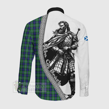 Douglas Tartan Clan Crest Long Sleeve Button Shirt with Highlander Warrior Celtic Style