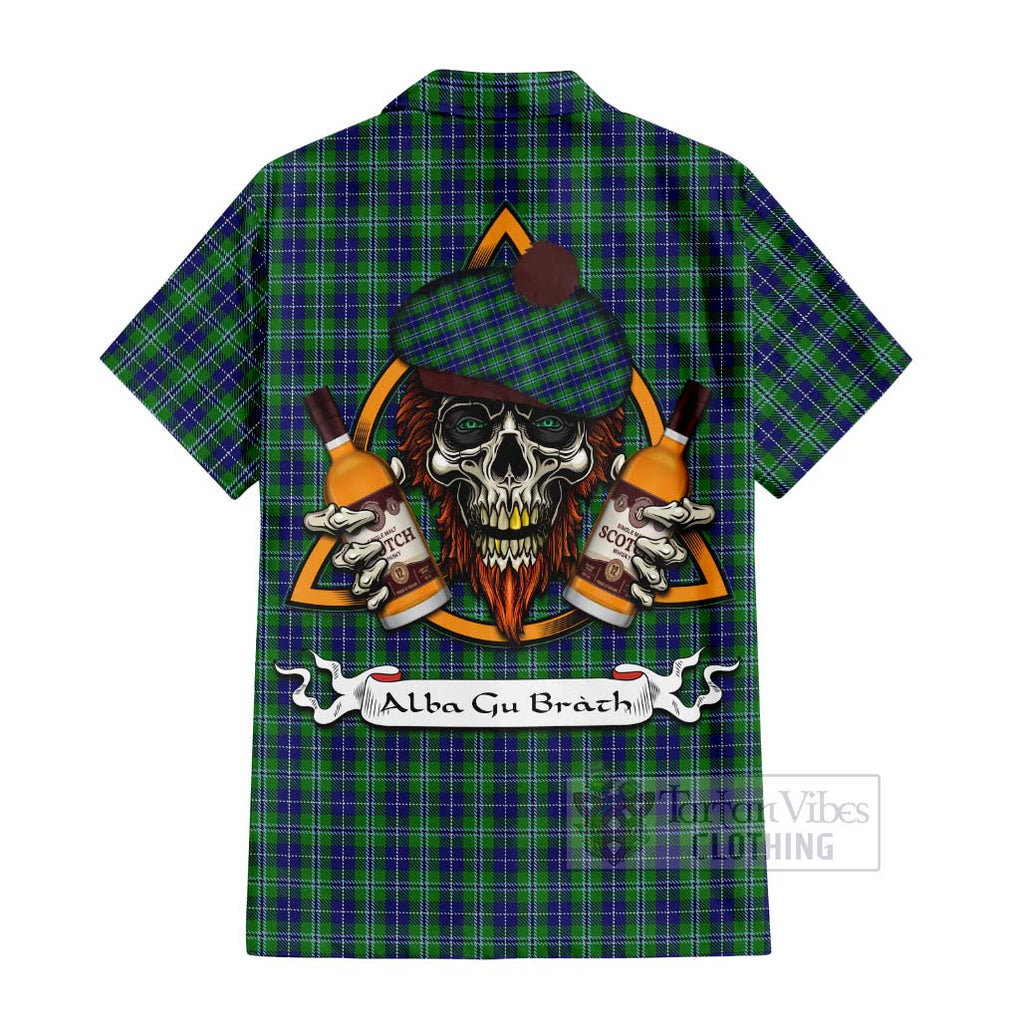 Tartan Vibes Clothing Douglas Tartan Short Sleeve Button Shirt with Family Crest and Bearded Skull Holding Bottles of Whiskey