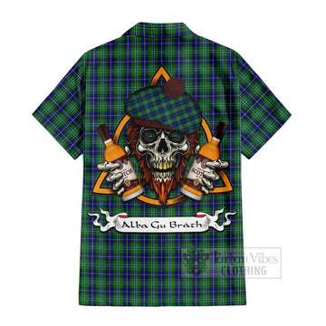 Douglas Tartan Short Sleeve Button Shirt with Family Crest and Bearded Skull Holding Bottles of Whiskey