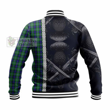 Douglas Tartan Baseball Jacket with Family Crest Cross Sword Thistle Celtic Vibes