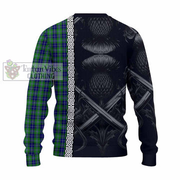 Douglas Tartan Knitted Sweater with Family Crest Cross Sword Thistle Celtic Vibes