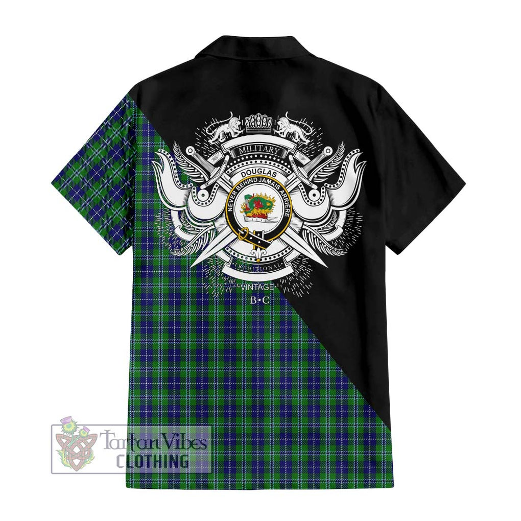 Douglas Tartan Short Sleeve Button Shirt with Family Crest and Military Logo Style - Tartanvibesclothing Shop