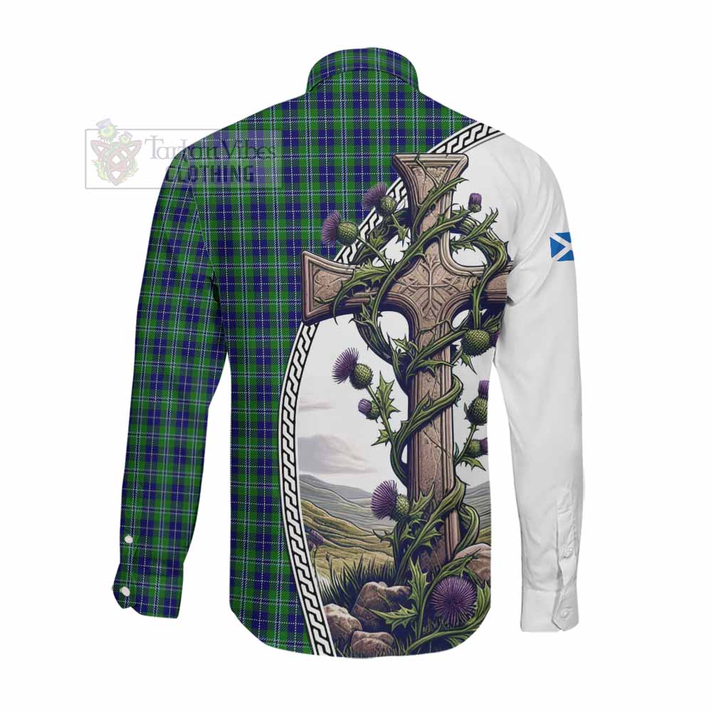 Tartan Vibes Clothing Douglas Tartan Long Sleeve Button Shirt with Family Crest and St. Andrew's Cross Accented by Thistle Vines