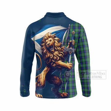 Douglas Tartan Family Crest Long Sleeve Polo Shirt with Scottish Majestic Lion