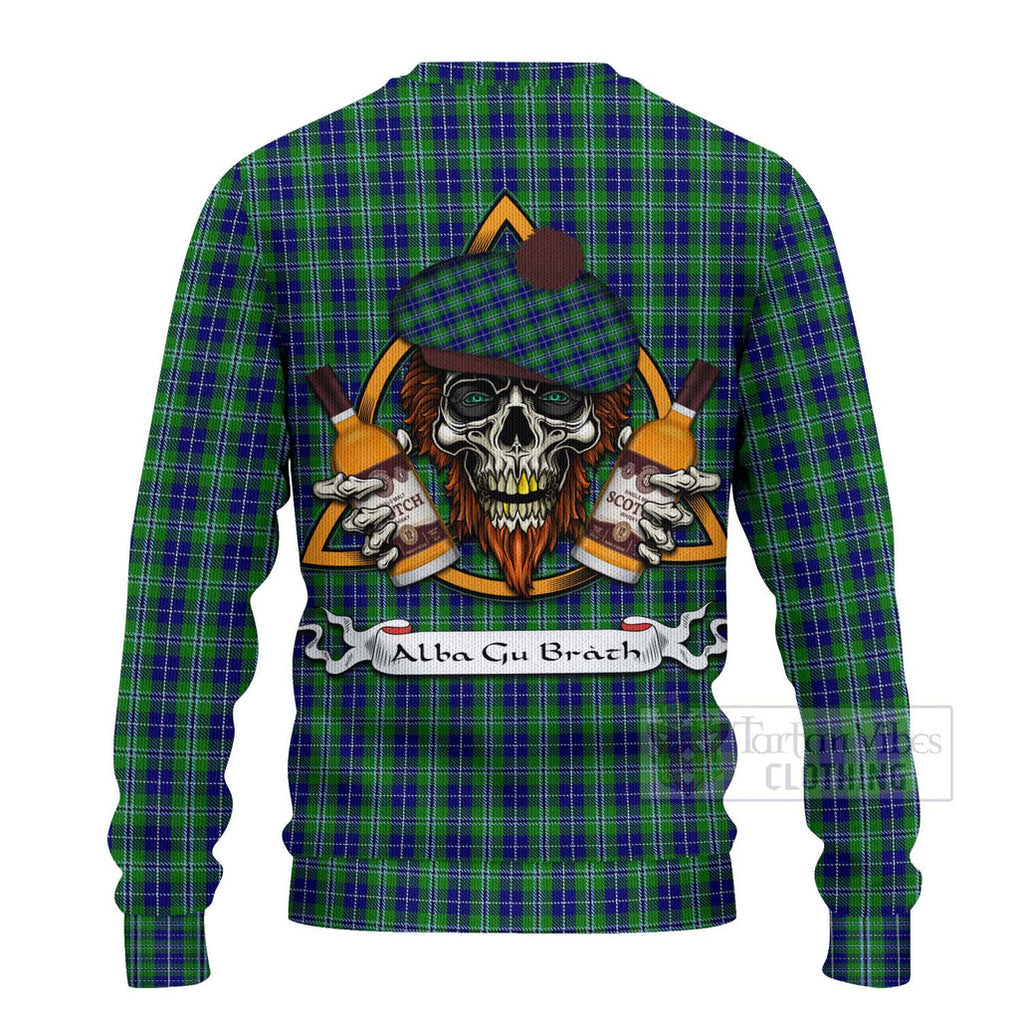 Tartan Vibes Clothing Douglas Tartan Knitted Sweater with Family Crest and Bearded Skull Holding Bottles of Whiskey