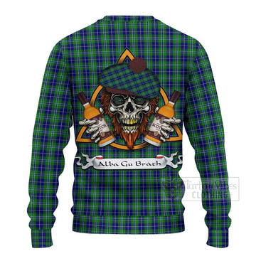 Douglas Tartan Ugly Sweater with Family Crest and Bearded Skull Holding Bottles of Whiskey