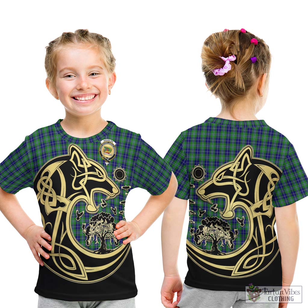 Douglas Tartan Kid T-Shirt with Family Crest Celtic Wolf Style - Tartan Vibes Clothing