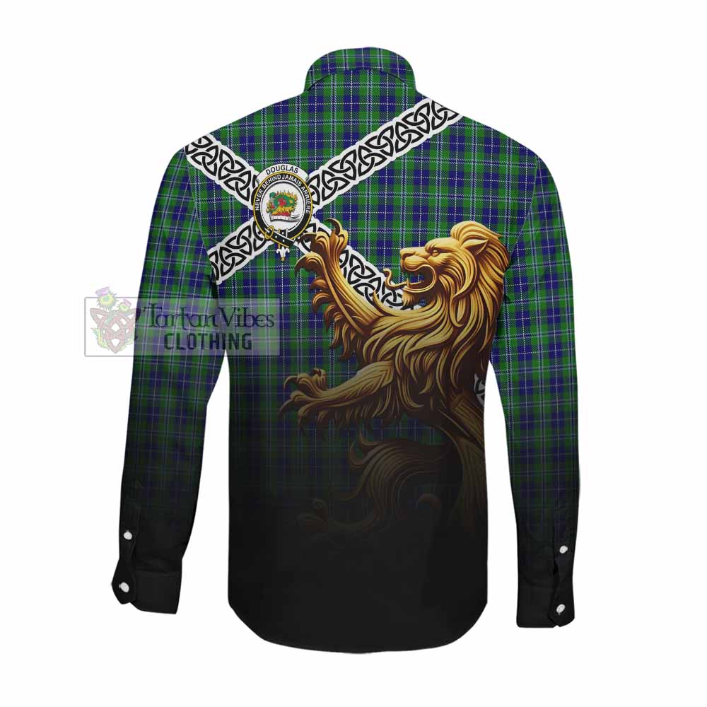 Douglas Crest Tartan Long Sleeve Button Shirt with Golden Lion Emblem Celtic Style Men's Shirt - Tartan Vibes Clothing