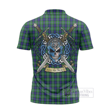 Douglas Tartan Zipper Polo Shirt with Family Crest Celtic Skull Style